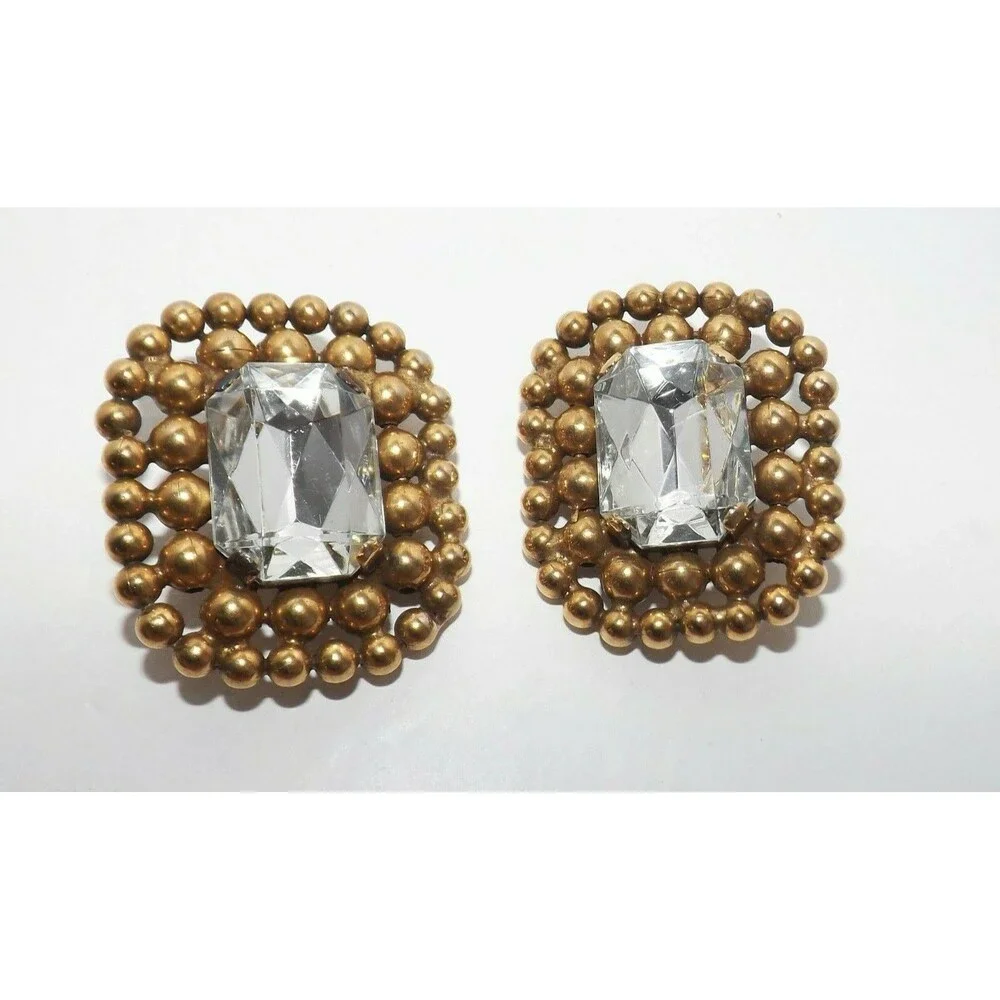 Vintage 80s Earrings Facet Stone Mogul Chunky Statement Clip On Gold tone